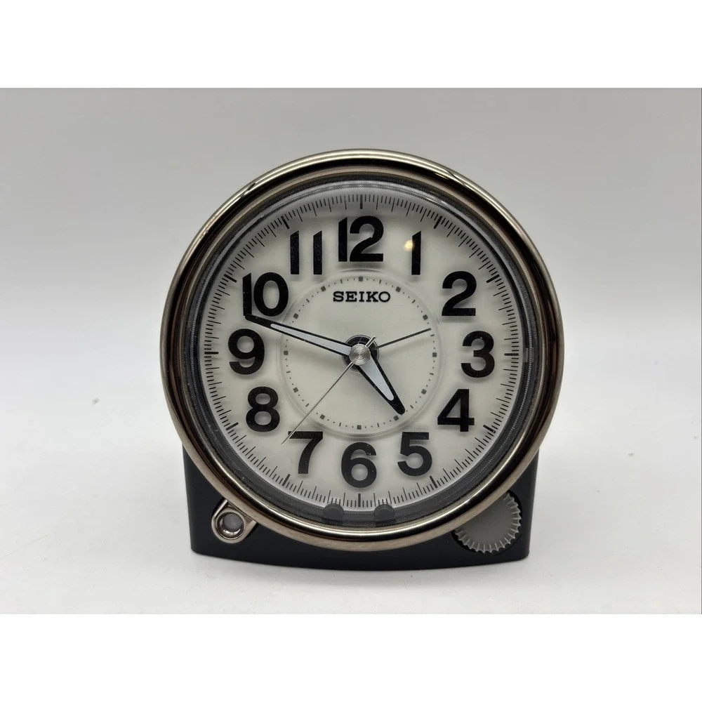 Seiko alarm Clock battery analog desk light 12 hour travel black plastic